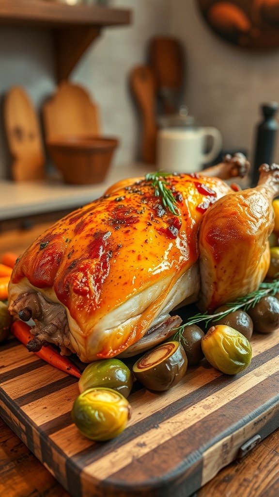 A perfectly roasted duck with crispy skin on a cutting board, garnished with herbs and surrounded by vegetables.